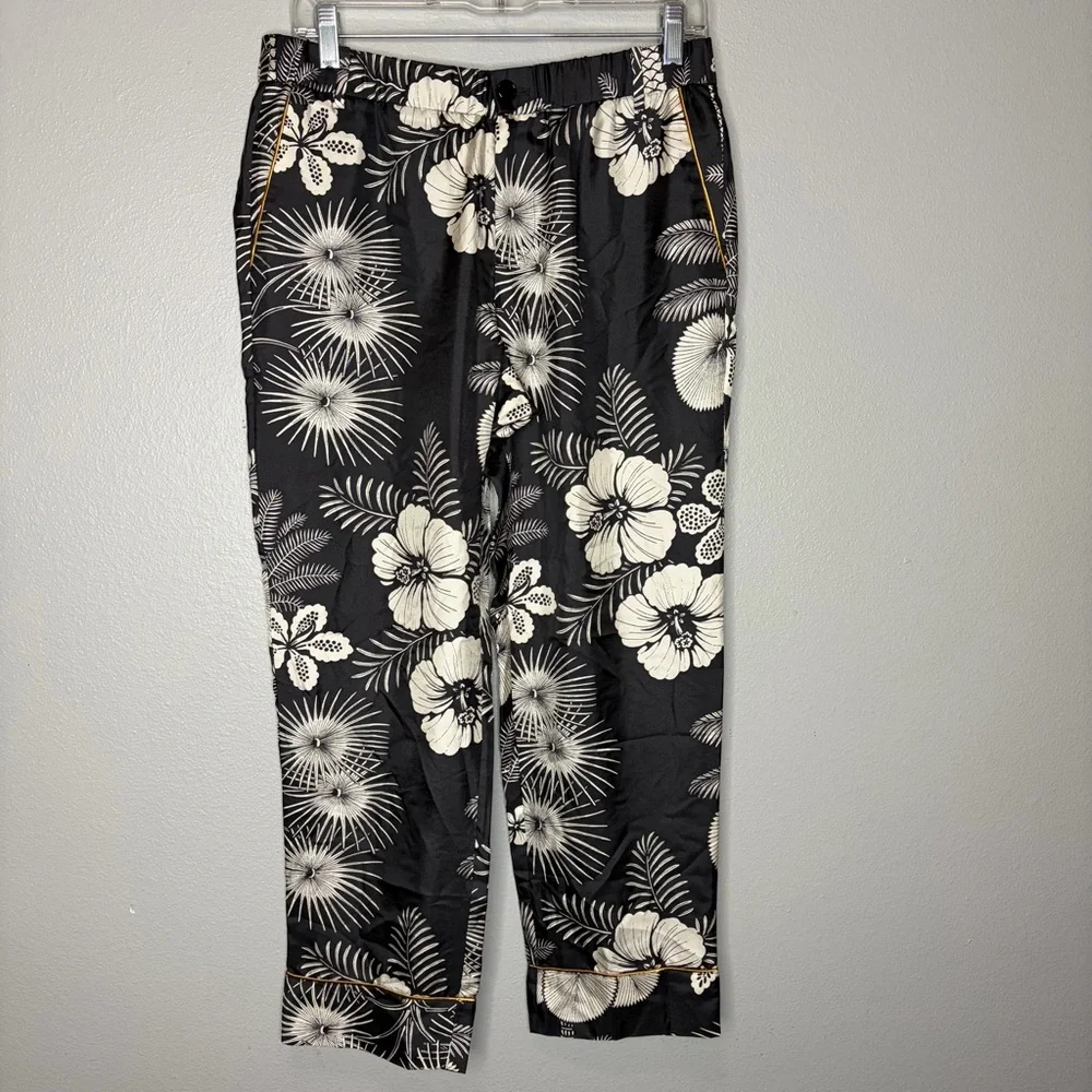J Crew 100% Silk Trouser‎ Pants Women 6 Black Floral Crop Gold Piping Tropical